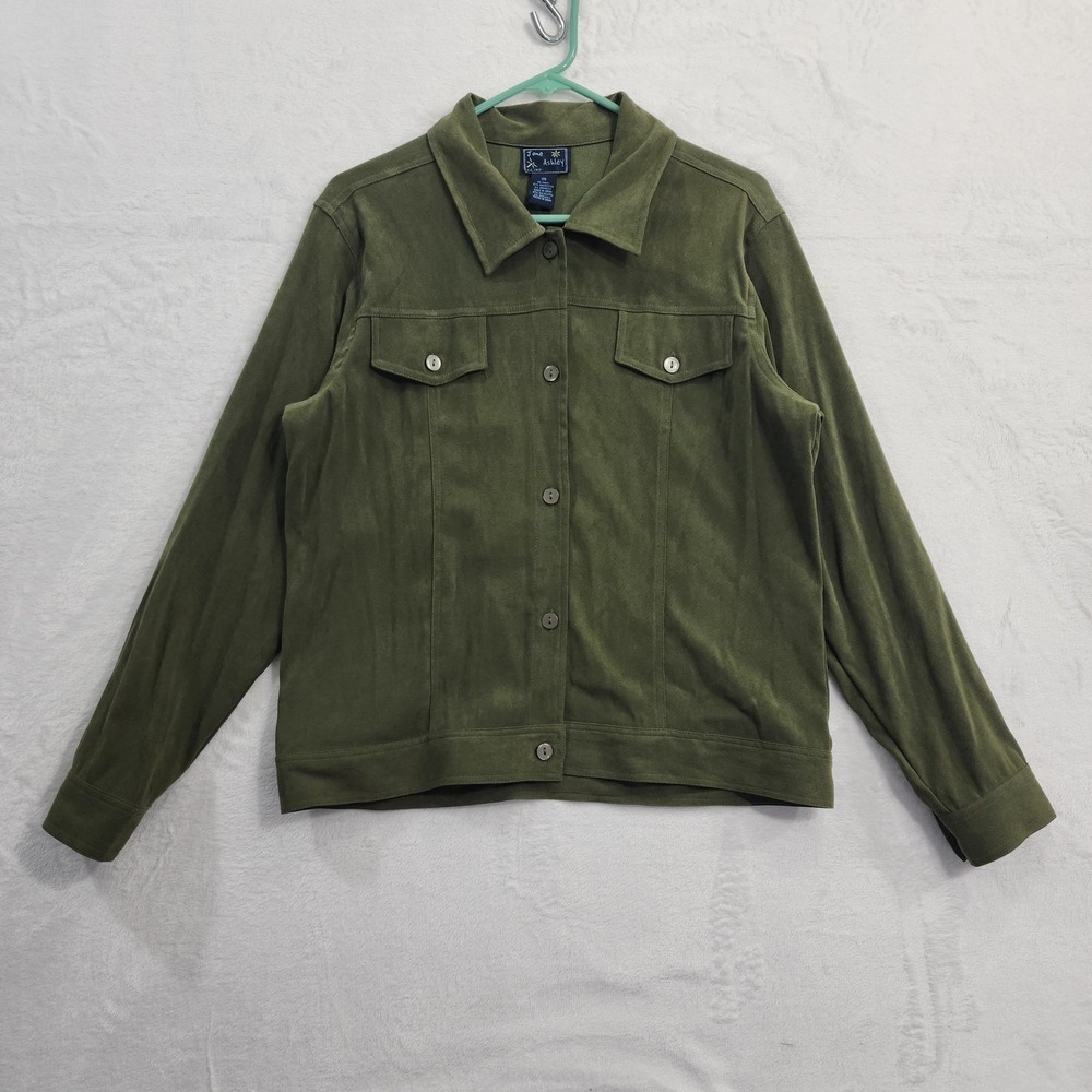 Jane Ashley Jacket Womens M Green‎ Microfiber Button Front Stretch Casual Preppy